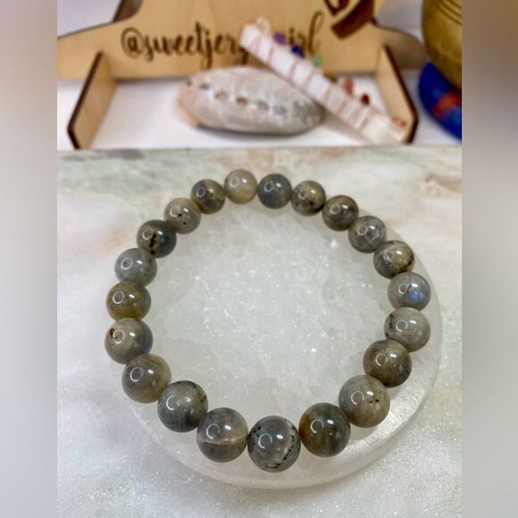 Handmade Gray Labradorite Gemstone Bead Unisex Stretch Bracelet 10mm - Picture 1 of 7